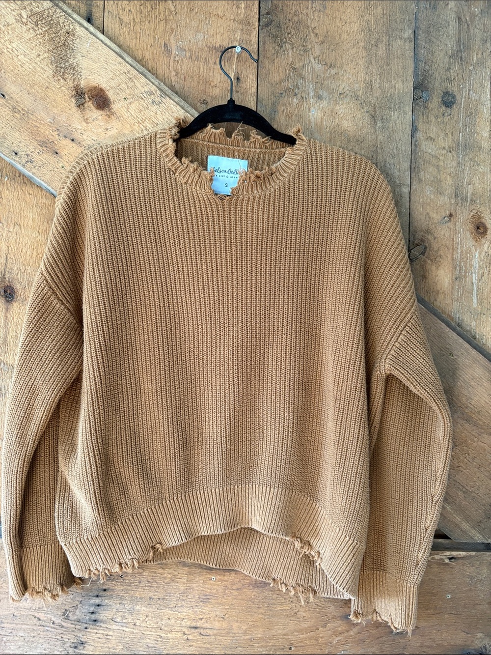 Lily &‎ Lottie Chelsea DeBoer Distressed Ribbed Crewneck Sweater Camel Tan S